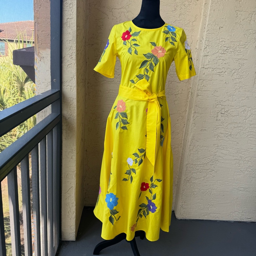 Fanm Mon Gloriosa Dress Sz XS Yellow Floral Embroidered A-Line Occasion NWT